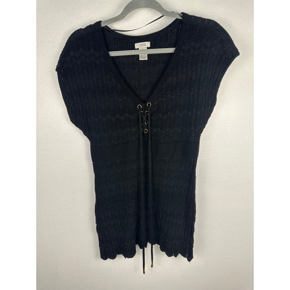 Caché black textured, open-stitch knit tunic top/short dress lace-up small